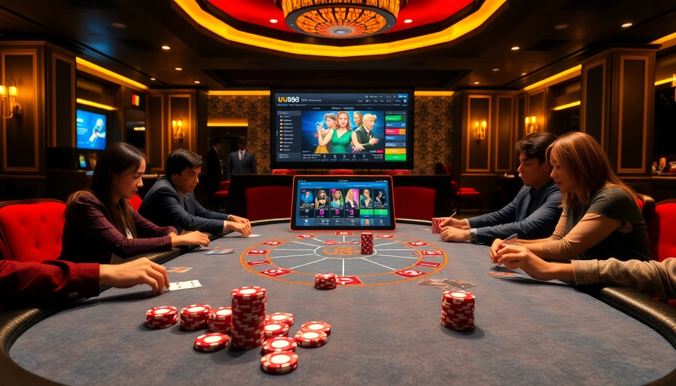 Engaging players at a luxury poker table showcasing UU88's online gambling atmosphere