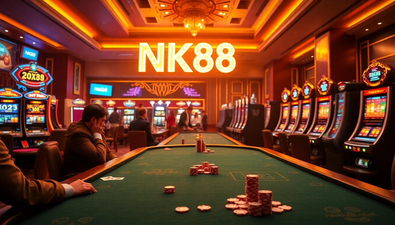 Engage in a thrilling poker game at NK88 casino with vibrant lights and professional players.