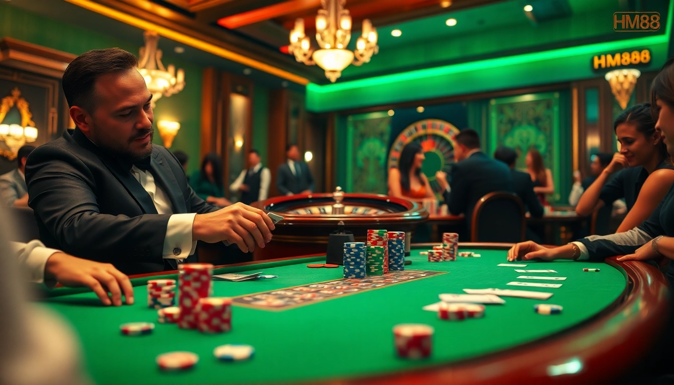 Experience the thrill of casino gaming at HM88 with vibrant poker action and colorful chips.