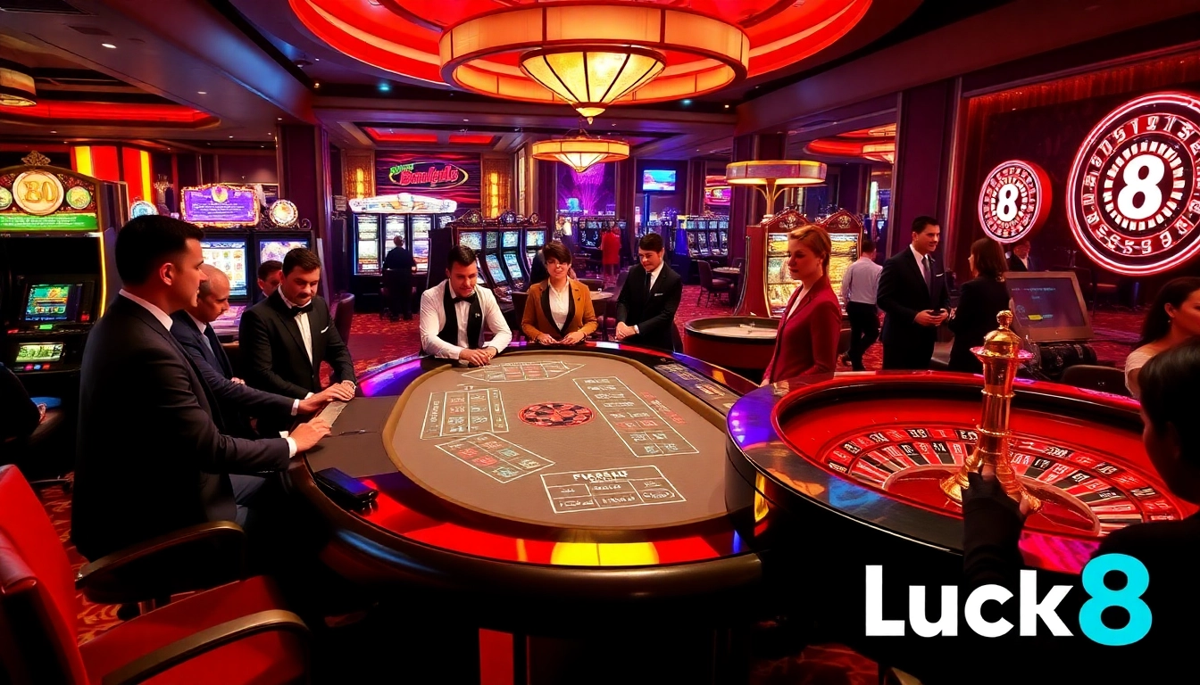 Exciting casino scene at Luck8 with poker chips, slot machines, and roulette table.