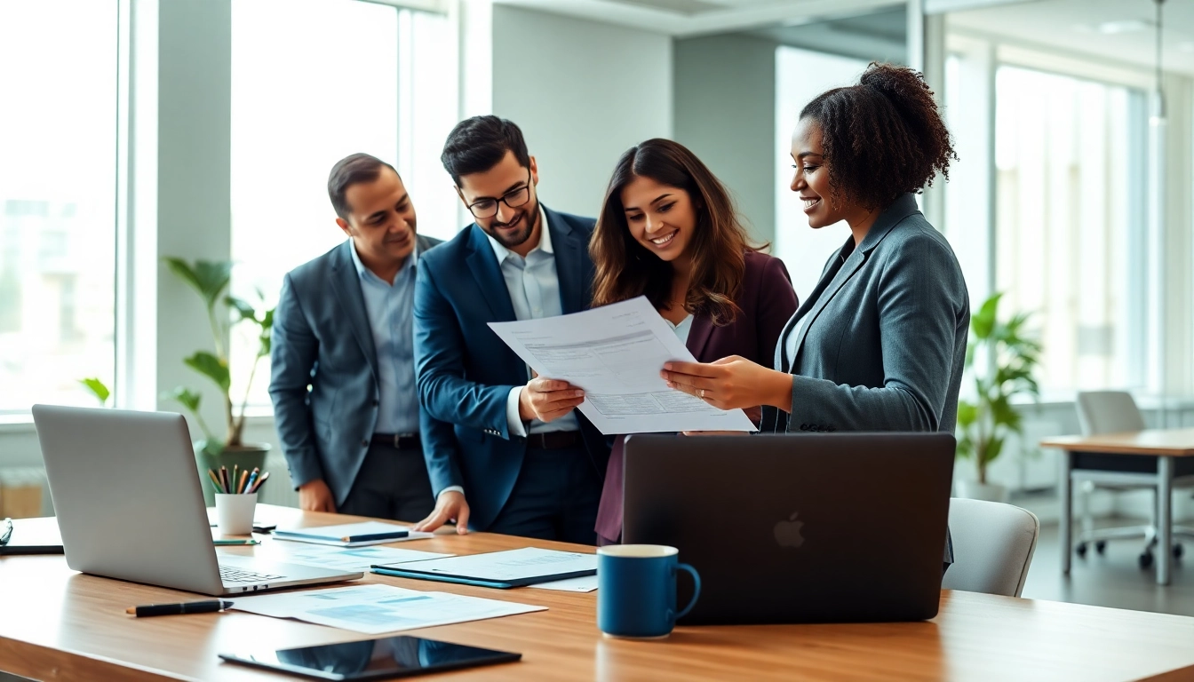 Performing background checks services with professionals reviewing reports in an office setting.