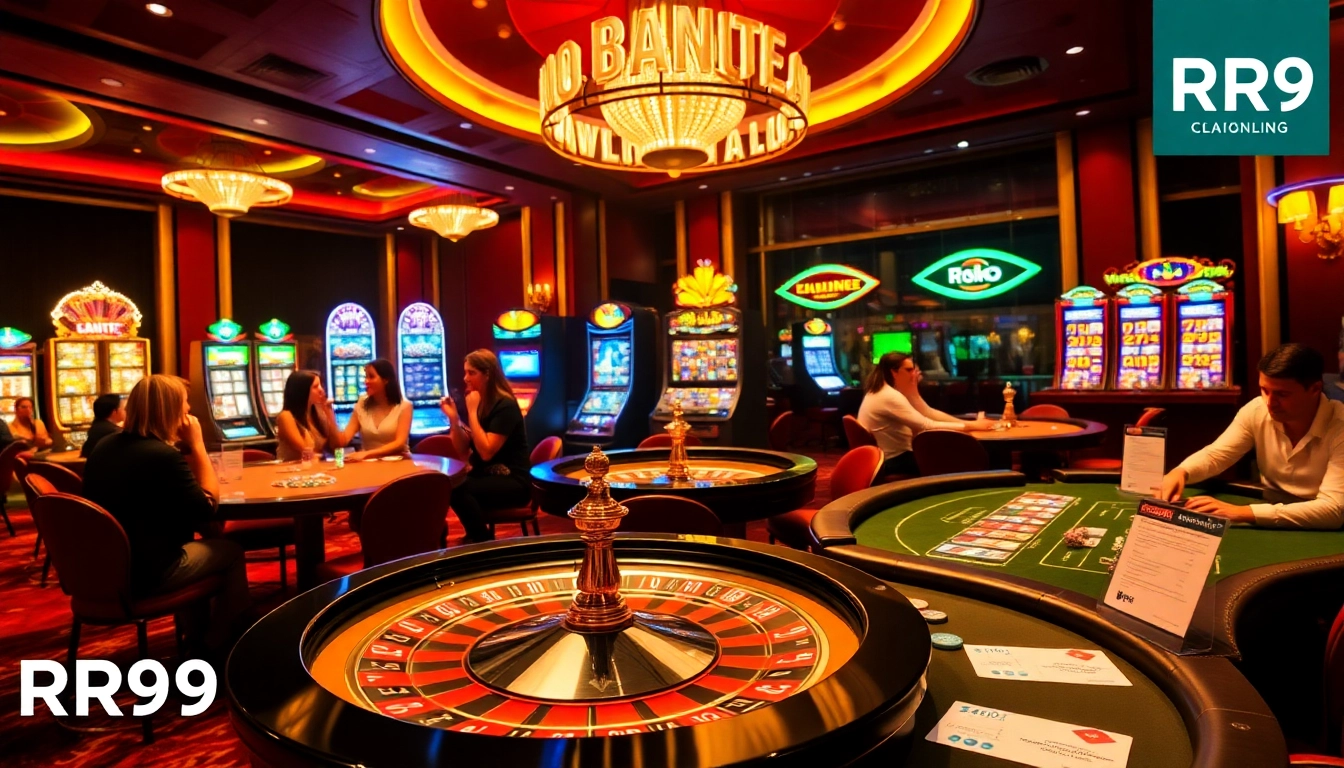 Players enjoying a luxury gaming experience at RR99 Casino with roulette and poker tables.
