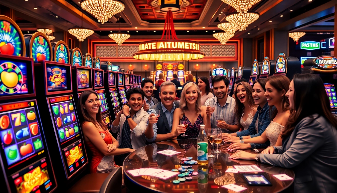 Players enjoying various slot machines in an exciting casino atmosphere filled with vibrant colors.