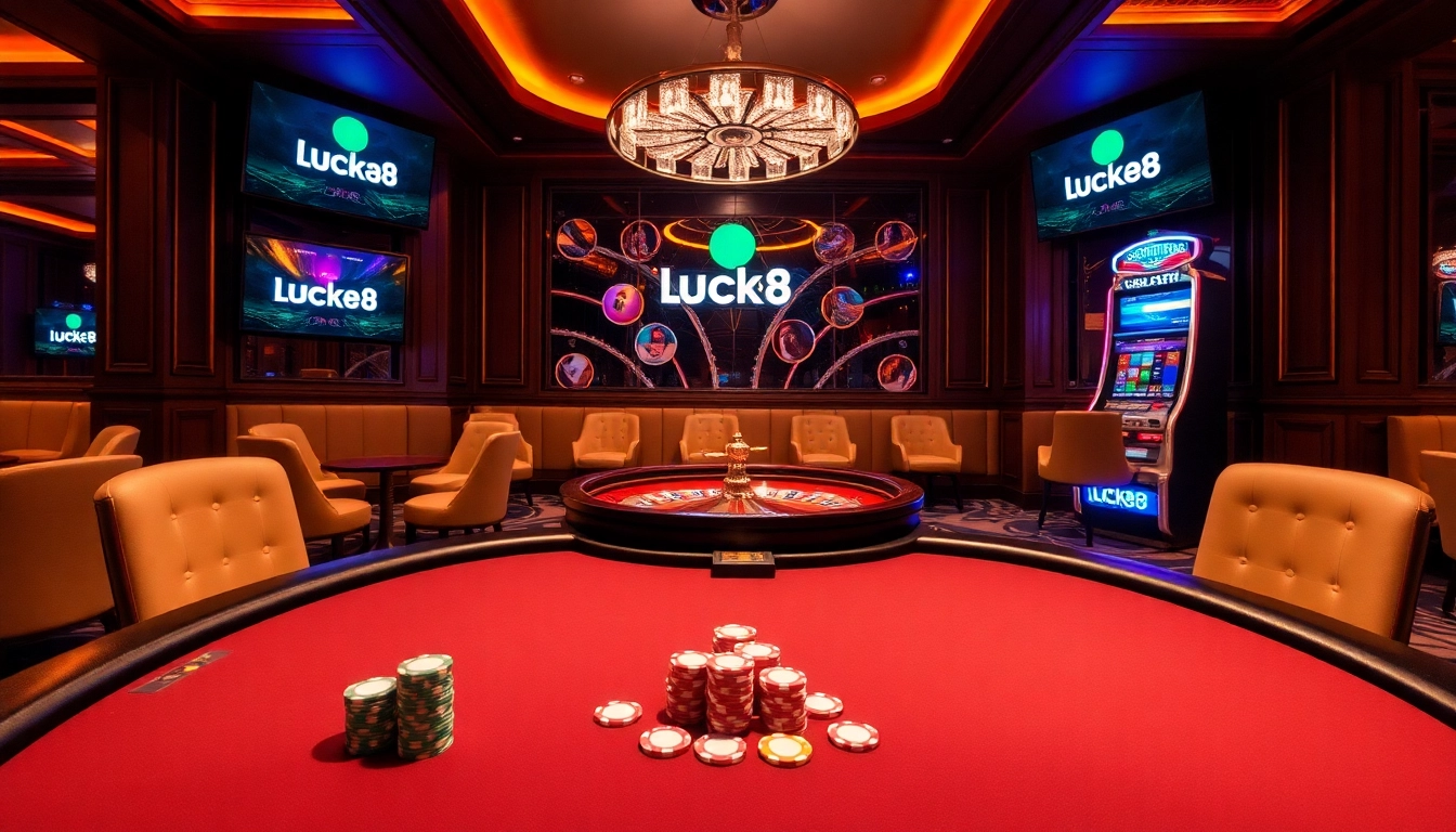 Luck8 casino featuring vibrant poker chips and a roulette wheel in a luxurious setting.