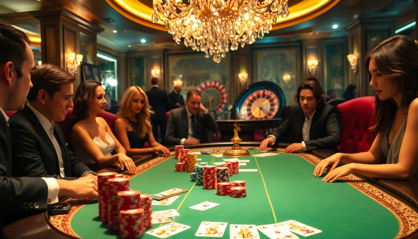 Engaged players at F168 poker table, surrounded by vibrant chips and cards in a luxurious casino setting.