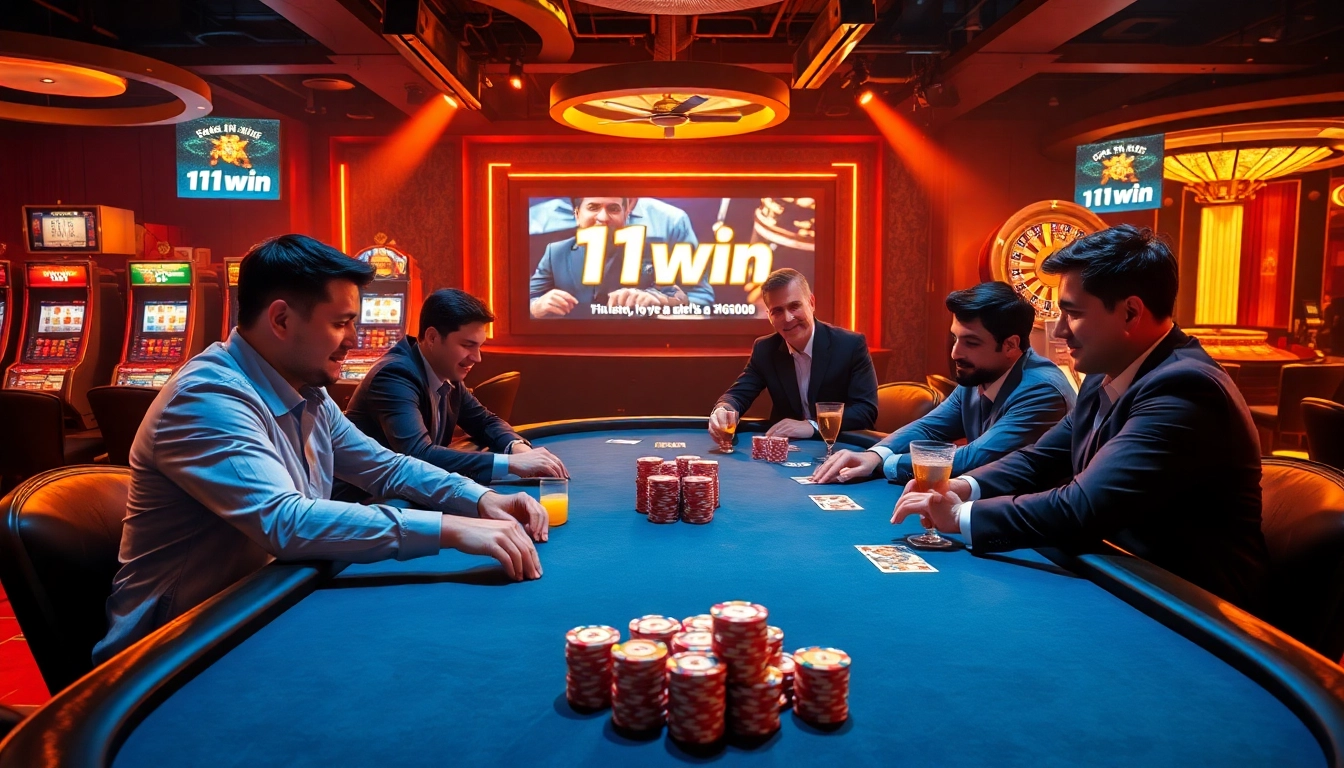 Players engage in an exciting game of poker at an 11win casino table surrounded by vibrant lights.