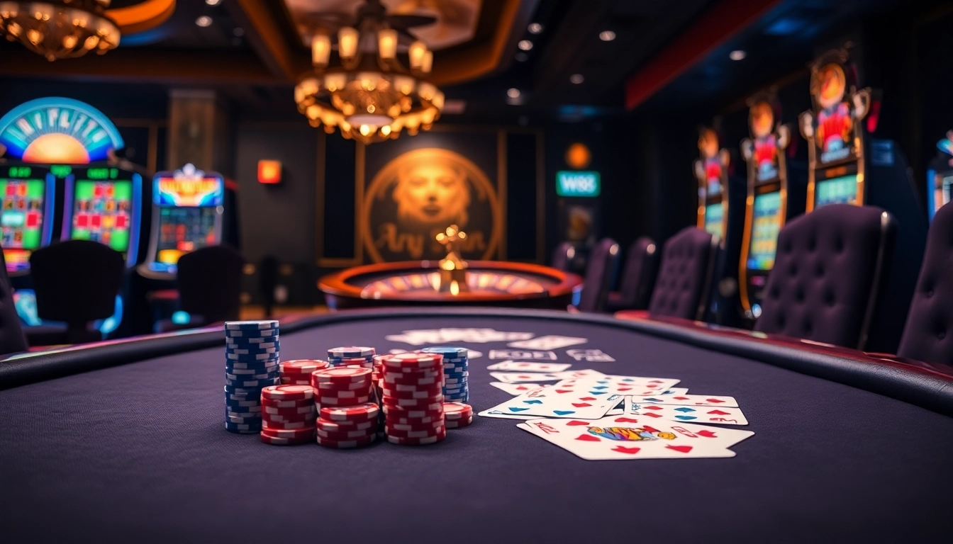 In a vibrant W88 casino scene, players engage at a luxurious poker table with chips and cards.