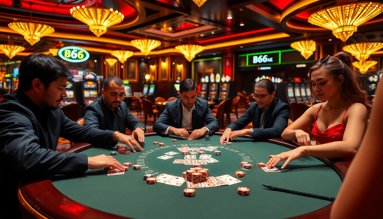 Experience the excitement of high-stakes poker at B66 online casino with vibrant chips and focused players.