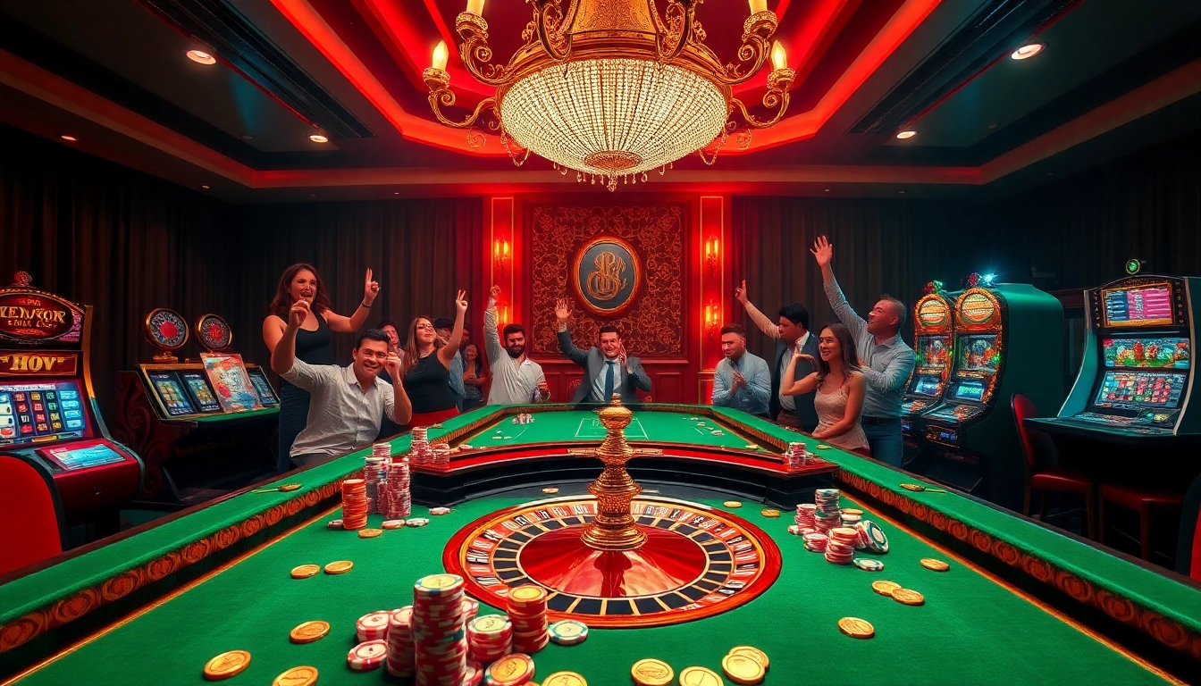 A vibrant casino scene showcasing excitement and luxury at 8kbet.com with poker chips and roulette spins.