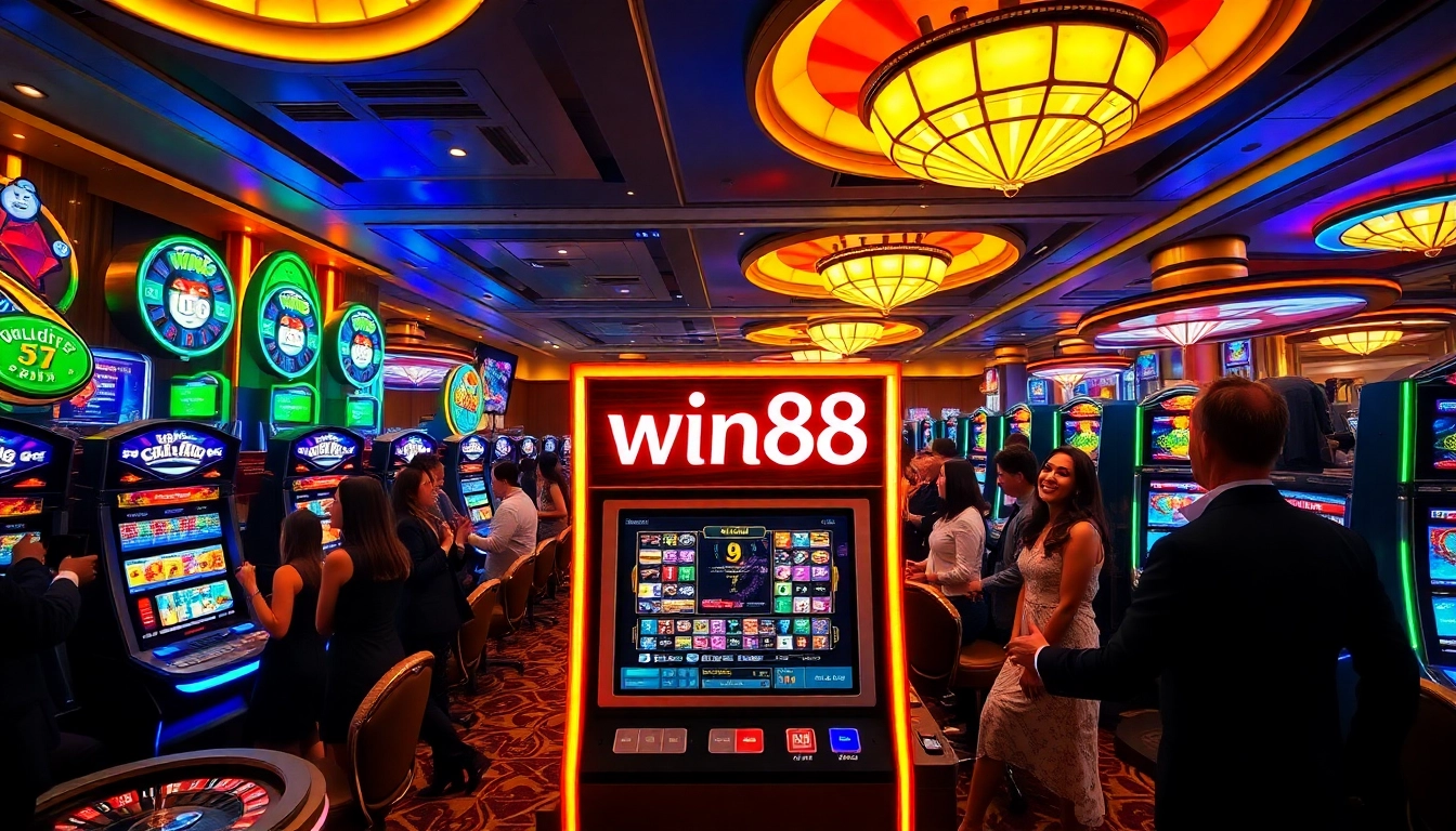 Experience the excitement at win88 with a vibrant casino scene full of slot machines and happy players.