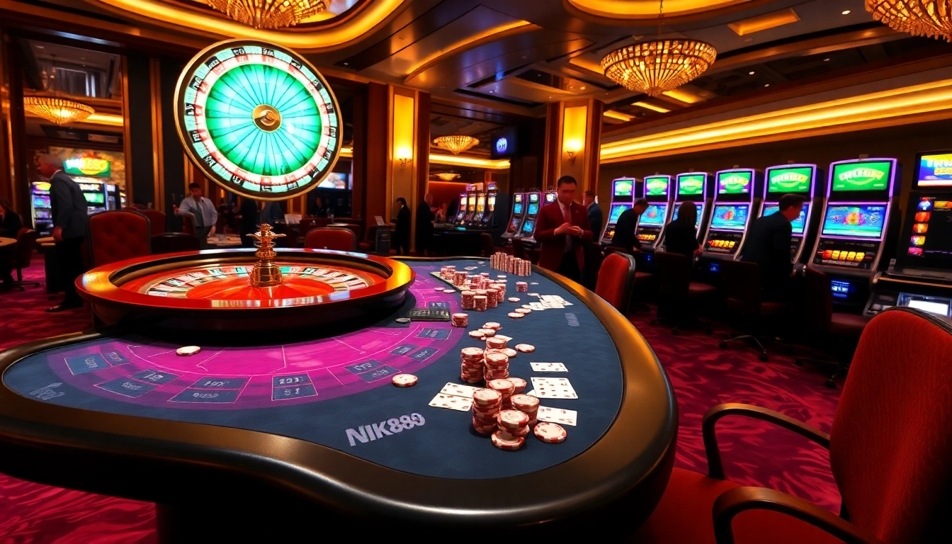 NK88 players enjoying a lively casino atmosphere with vibrant gaming tables and roulette wheels.