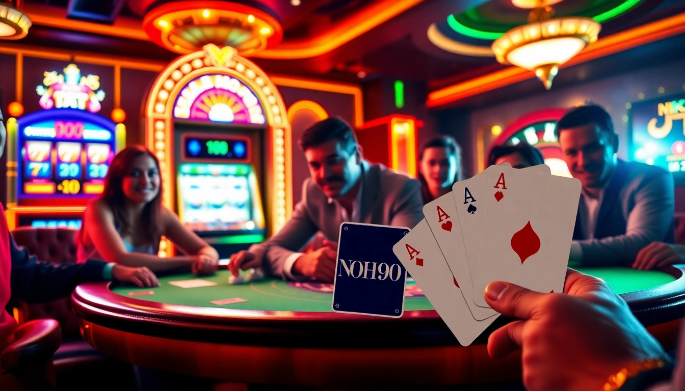 Experience the thrill of NOHU90 with players enjoying an exciting casino atmosphere and poker games.
