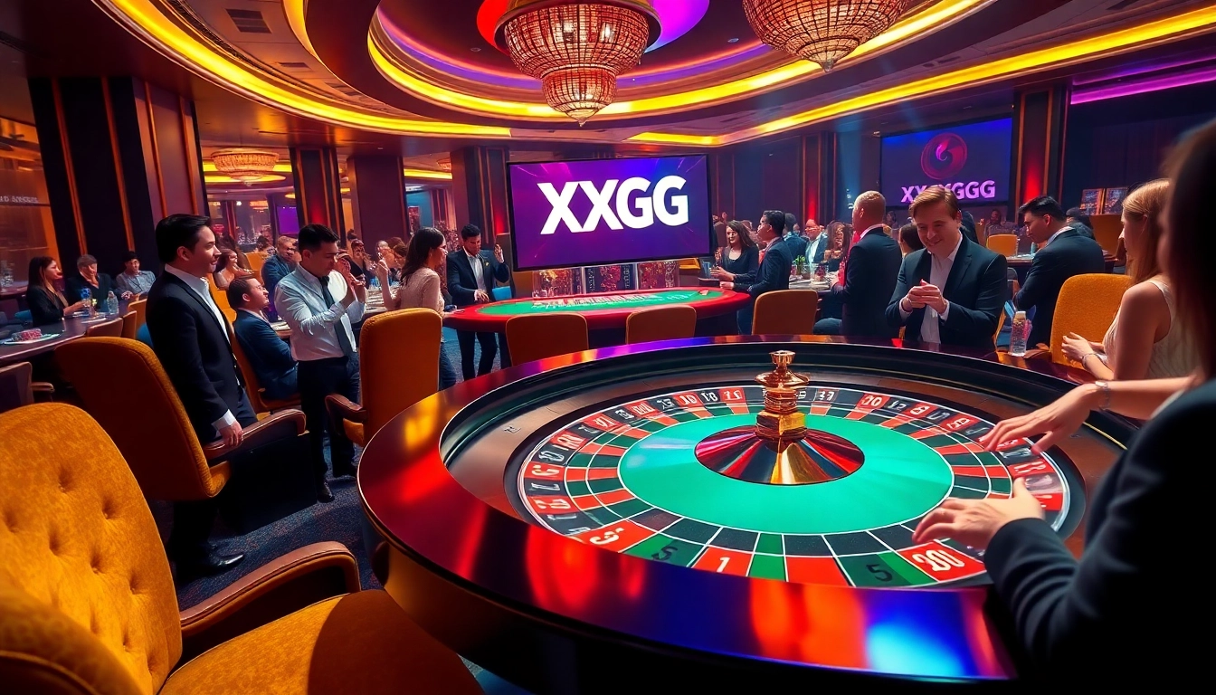 Players engaging at a modern XXGG casino with vibrant roulette and poker chip action.