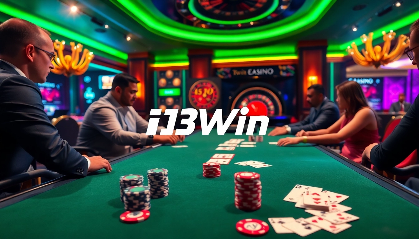 Exciting poker game at 13Win casino, showcasing vibrant chips and cards in action.