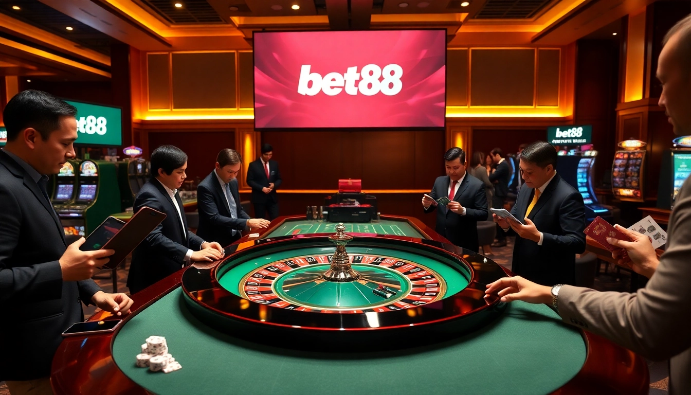 Engaging scene with players enjoying bet88 casino games at roulette and poker tables.
