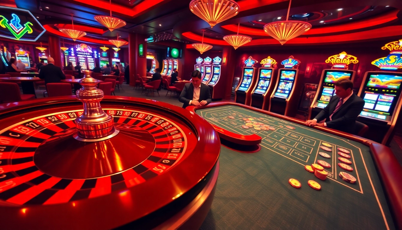 Experience the thrill of 79King with a vibrant casino scene featuring roulette, poker, and slot machines.