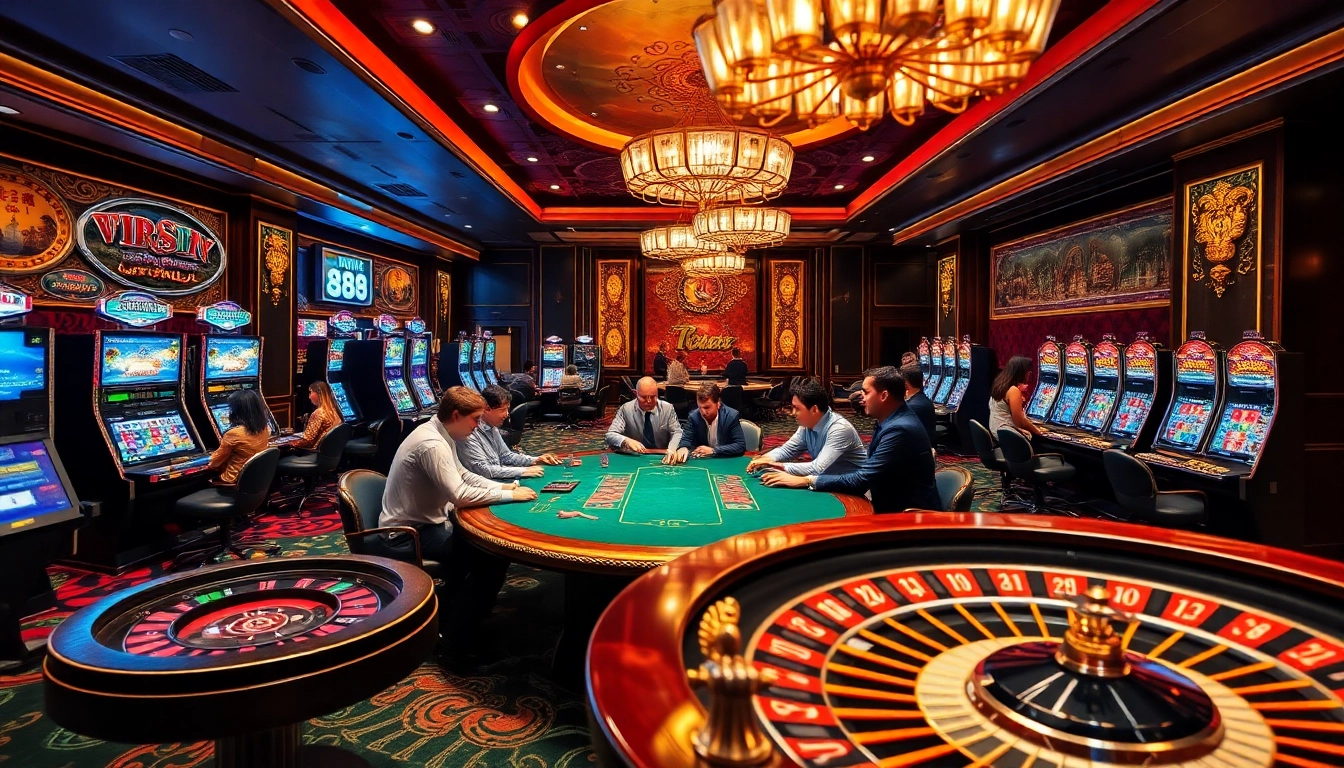 Experience the thrill of xin 88 at a luxurious casino table with players and vibrant slot machines.