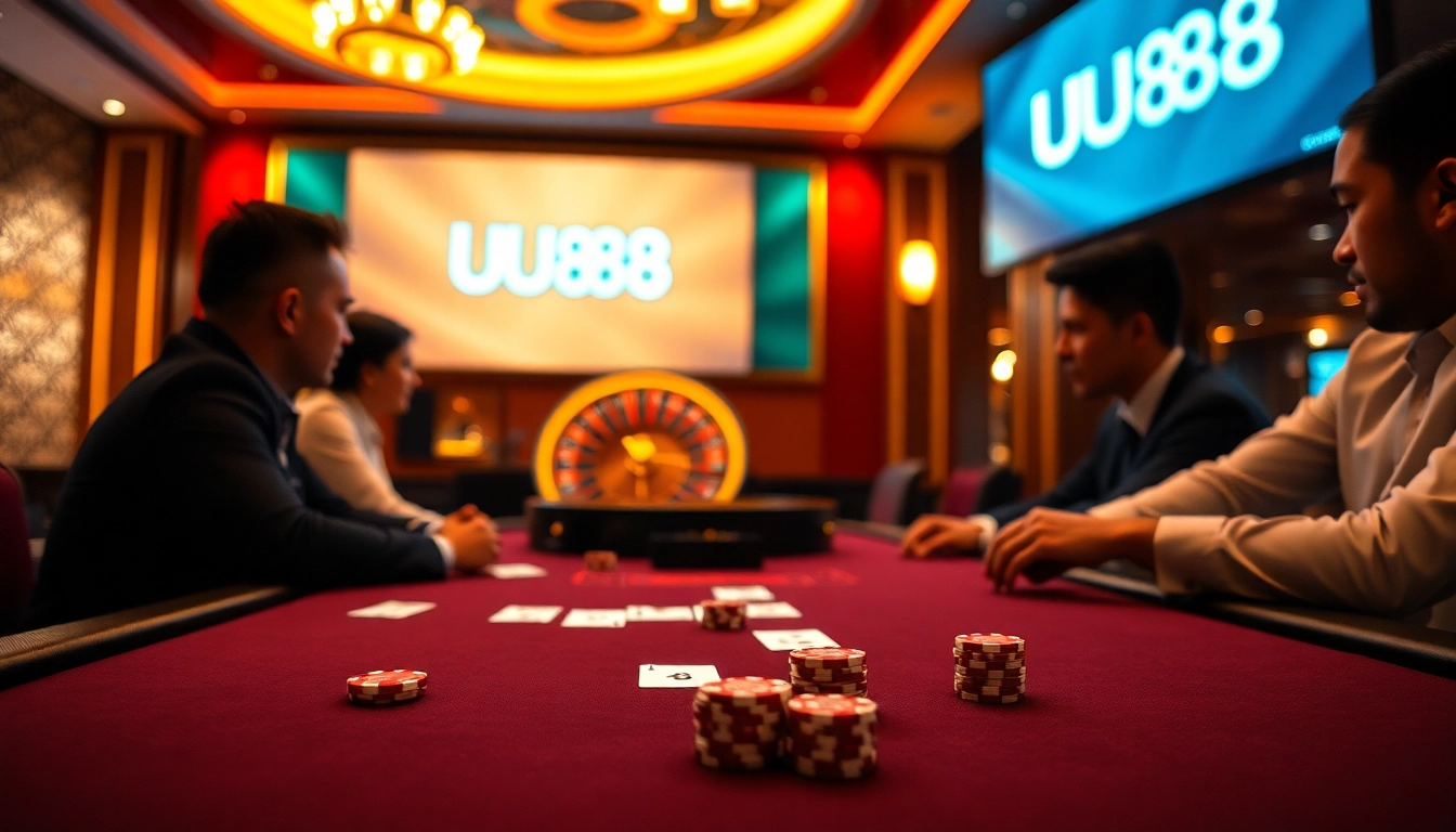 High-stakes gambling table showcasing UU88 gameplay with luxury poker chips and cards.