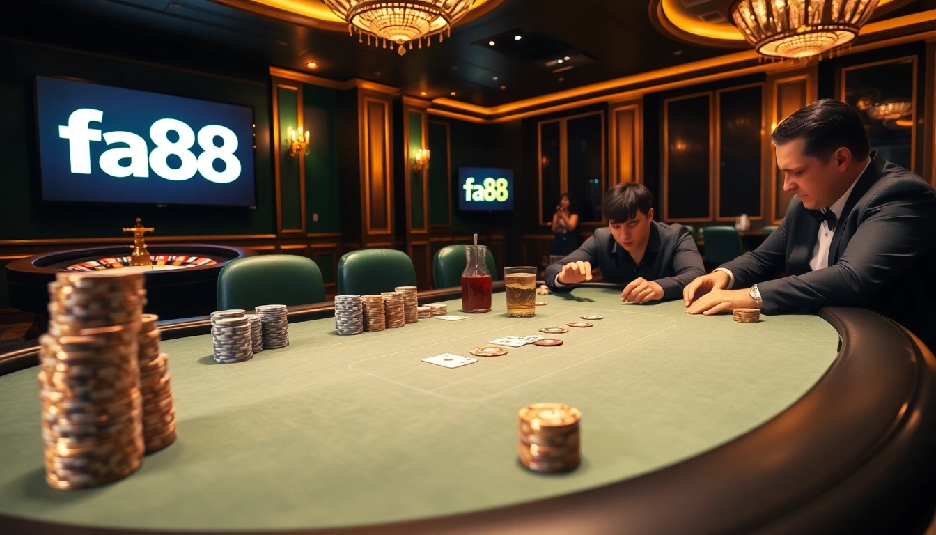 Players enjoying a game at a fa88 poker table, showcasing chips and high spirits.
