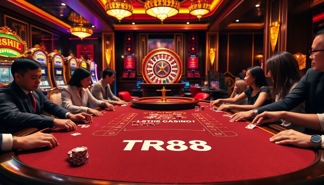 Players engaged at a TR88 poker table in a luxurious casino atmosphere.