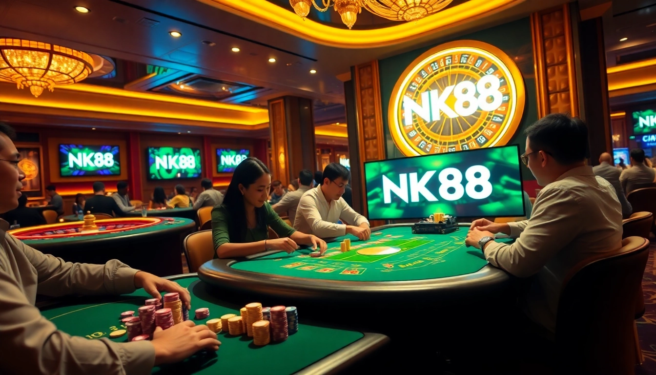NK88 branded poker action with vibrant chips and roulette excitement in a luxurious casino.