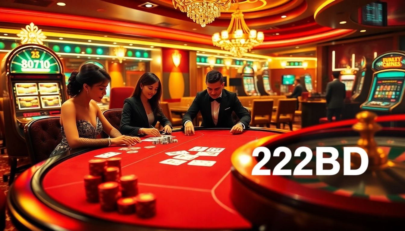 Experience thrilling gaming at 222BD with elegant poker tables and vibrant casino elements.