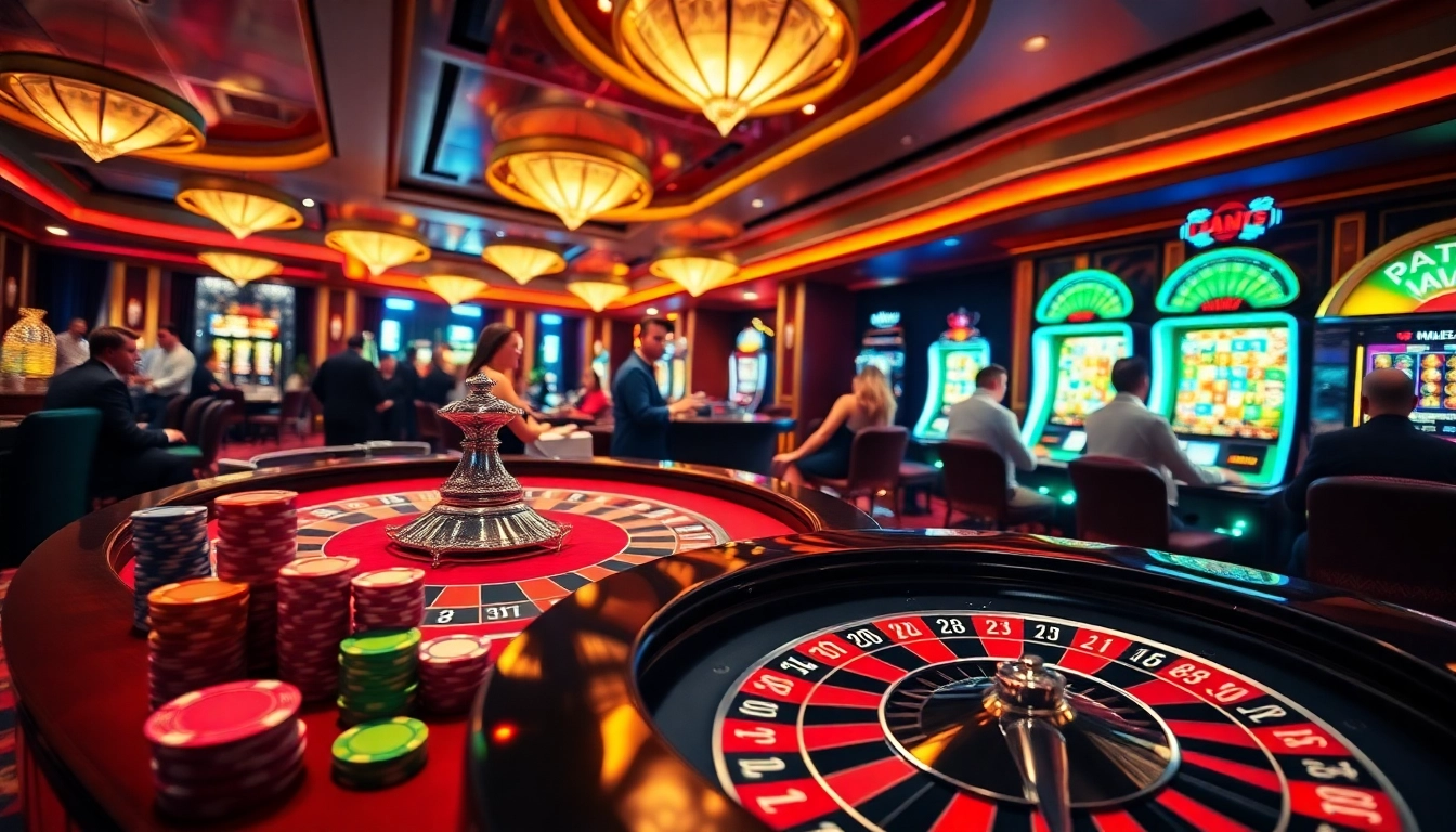 Exciting casino ambiance at https://nk88net.com/ showcasing roulette, poker chips, and slot machines.