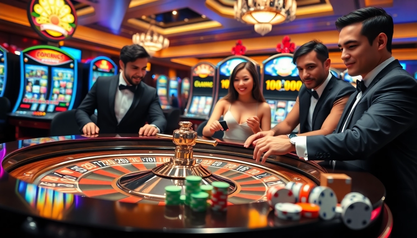 Experience the thrill of 8KBET as players engage at a luxurious casino table with roulette and poker chips.
