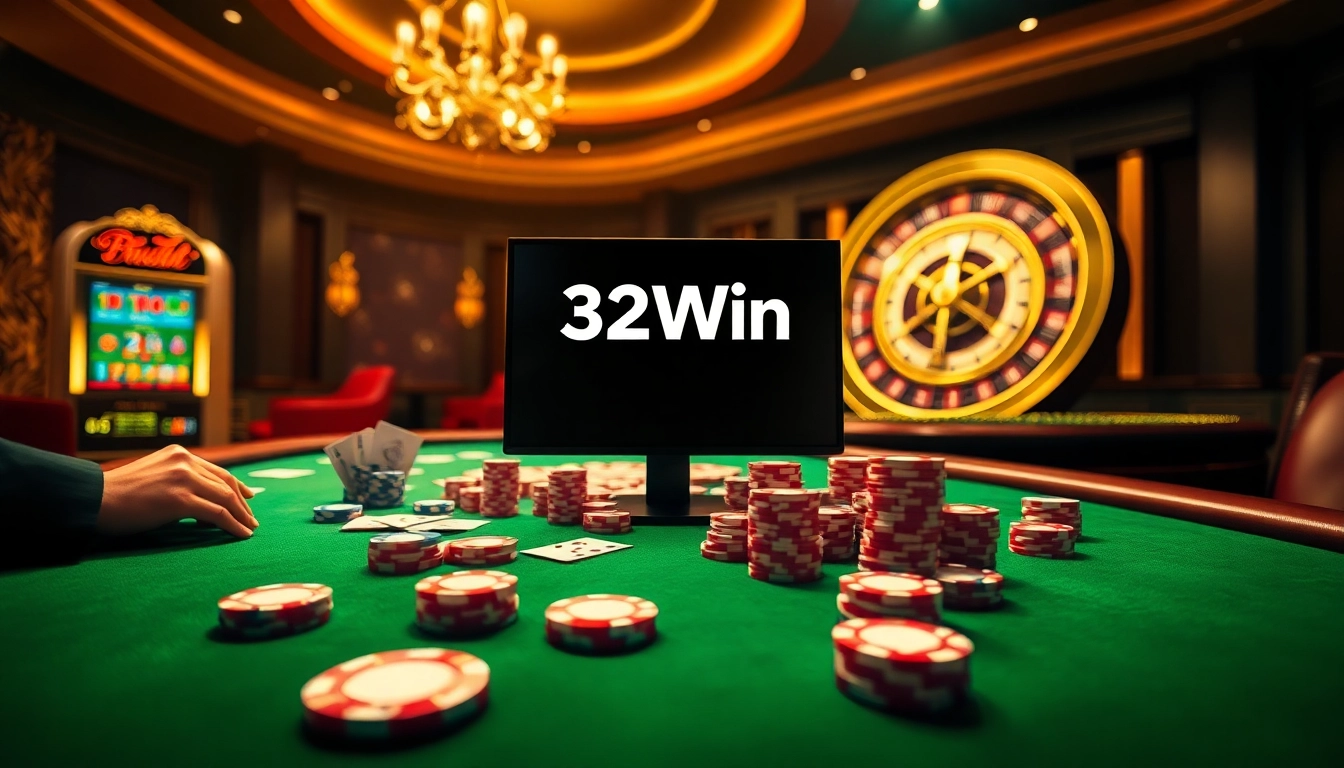 Experience the excitement of gambling at nhà cái 32Win with a luxurious casino table featuring poker chips and cards.
