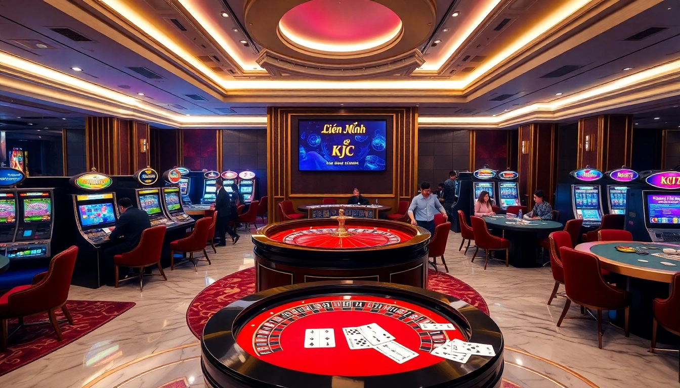 Players enjoying casino games with Liên Minh KJC featured prominently in a vibrant gambling atmosphere.