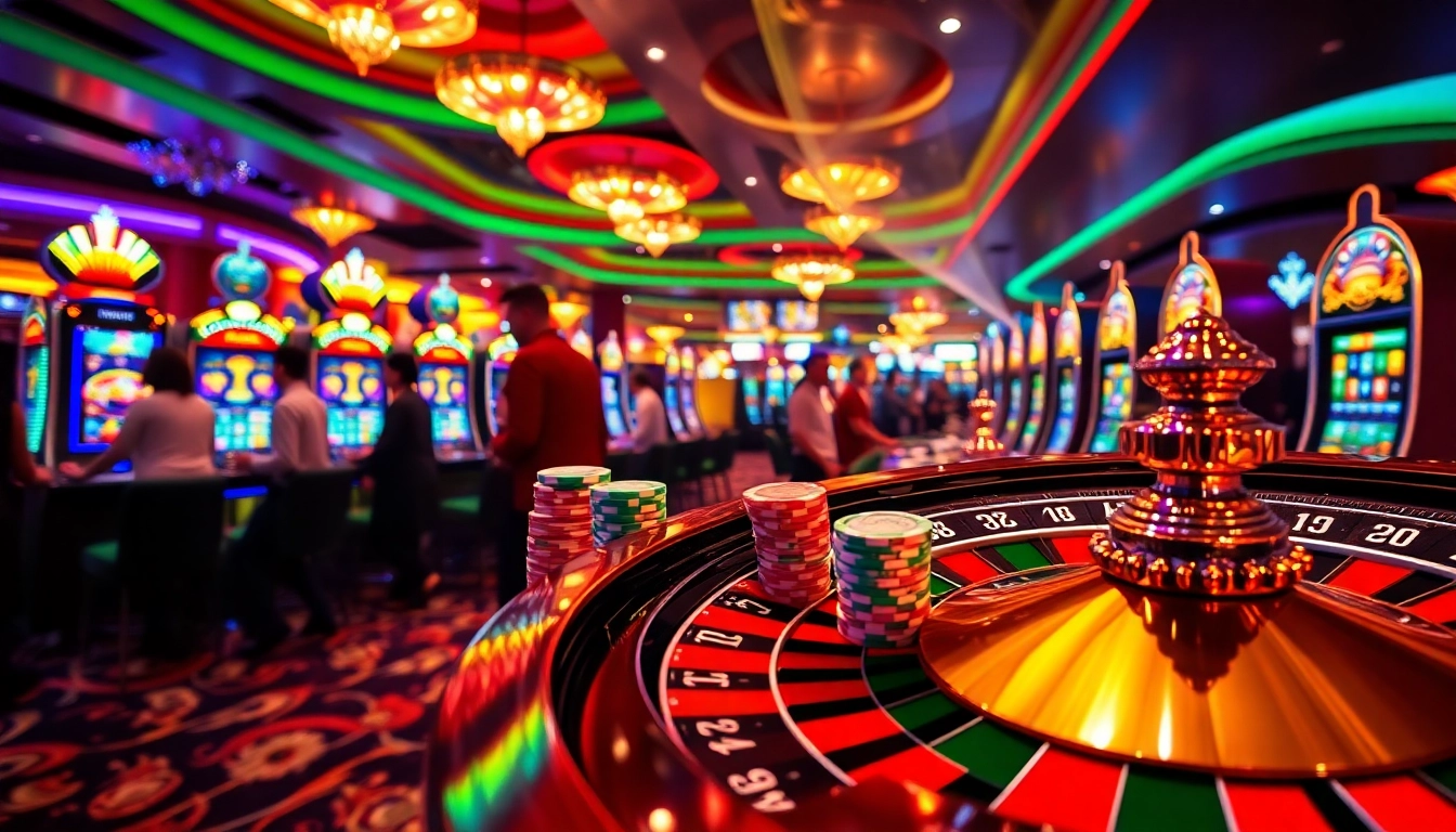Players celebrating a win 55 moment with poker chips and a spinning roulette wheel at a vibrant casino.