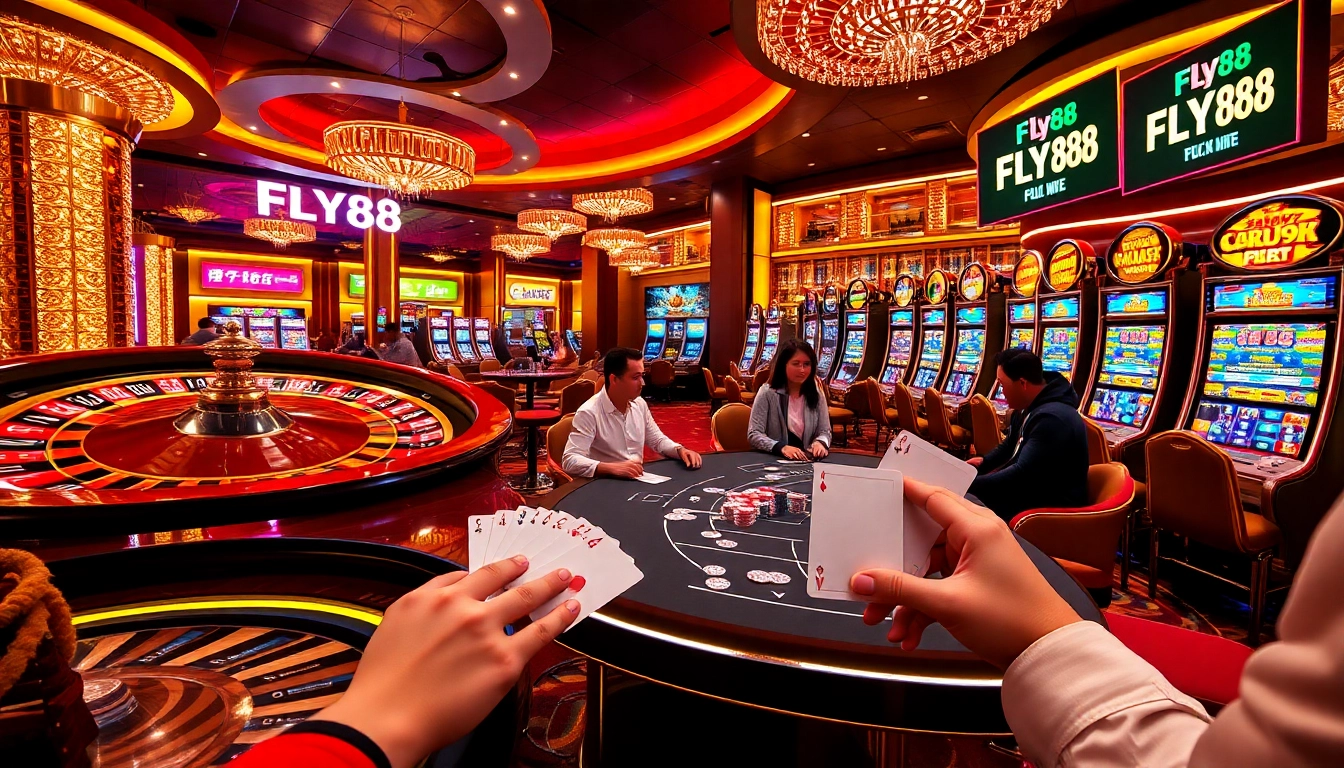 Experience the thrill of FLY88 gaming with vibrant casino tables and exciting slot machines.