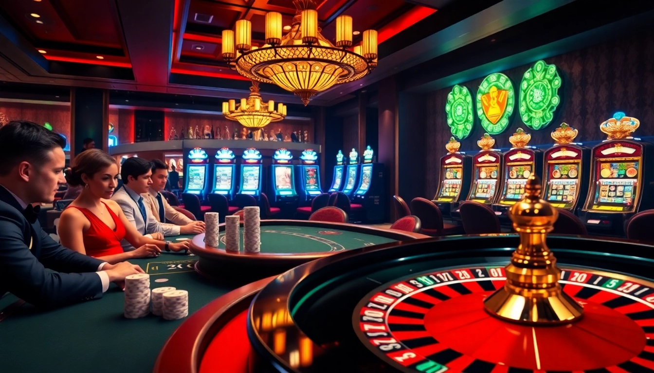 A thrilling poker game at ALO789's luxurious casino with vibrant slot machines in the background.