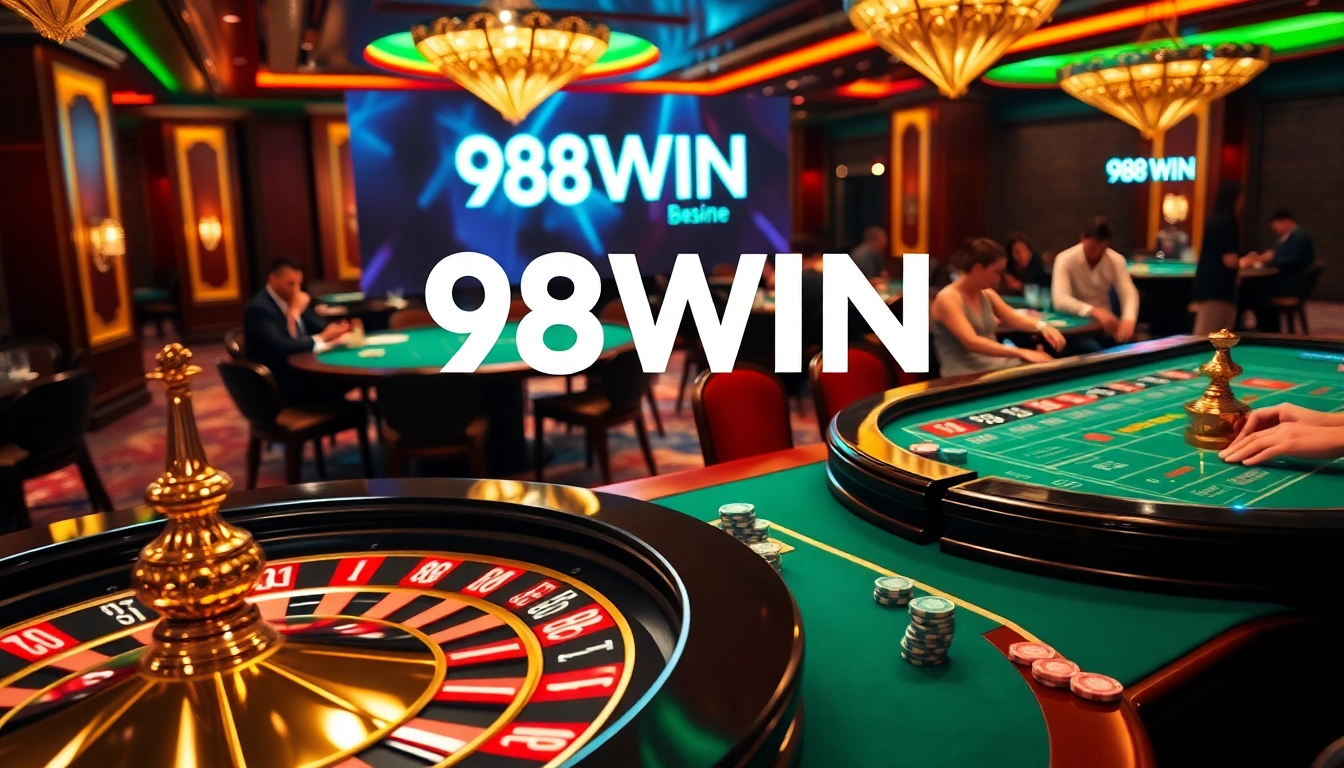 Experience the thrill of winning at 98WIN with lively casino tables and poker chips.