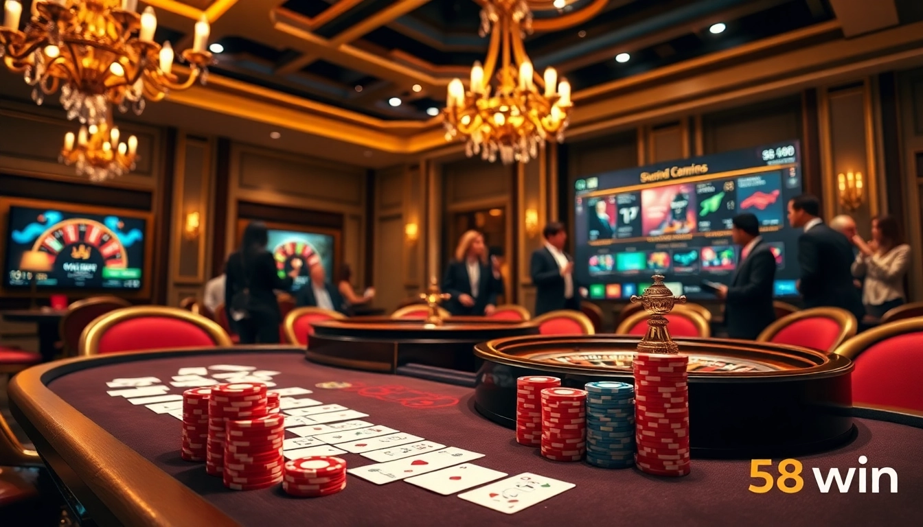 Exciting game scene at 58win casino with poker chips and cards on the table.