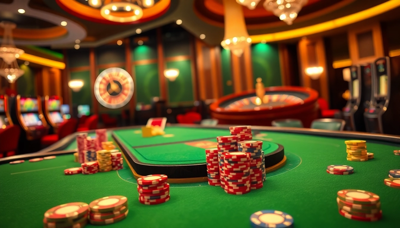 Experience high-stakes gaming at PS99 with vibrant tables, poker chips, and slot machines.
