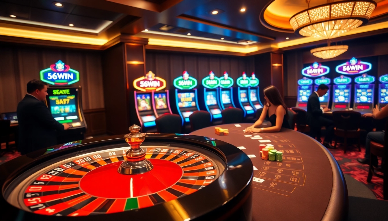 Experience vibrant high-stakes gaming at 56WIN with an elegant casino scene filled with roulette, slots, and players.