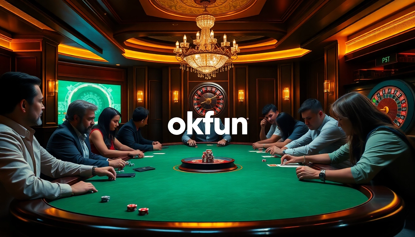 Engage in high-stakes poker action at okfun's luxurious casino table, showcasing diverse players, chips, and intensity.