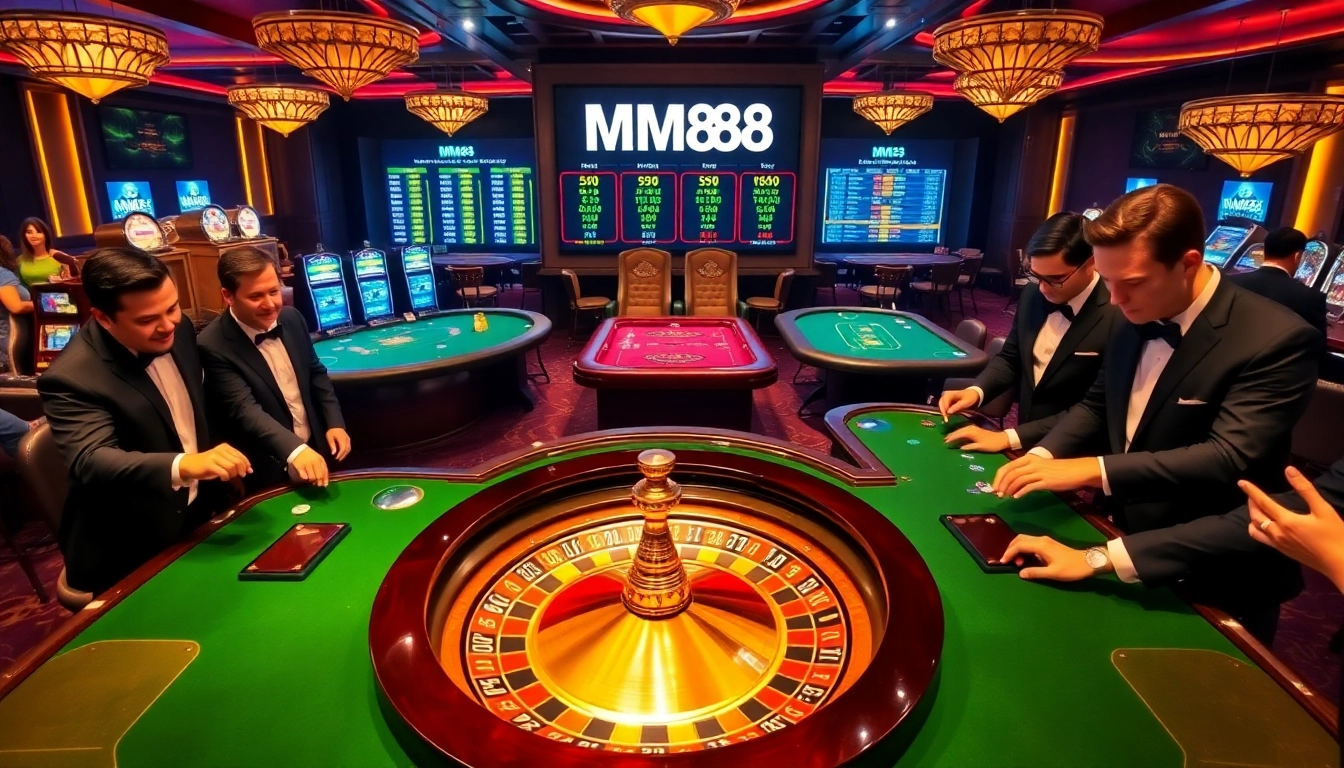 High-stakes gambling scene at MM88 with roulette and excited players in elegance.