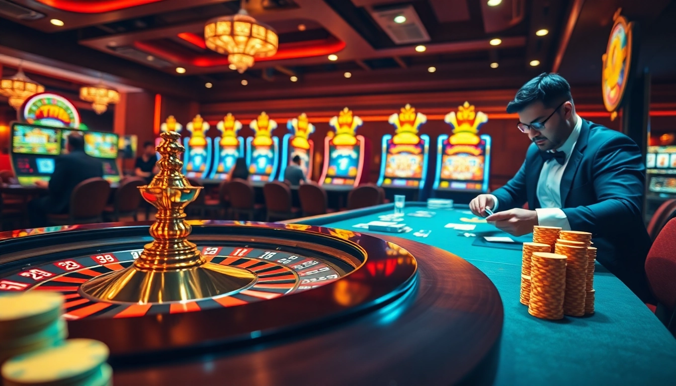 Exciting casino scene featuring 789club with roulette, poker chips, and vibrant slot machines.