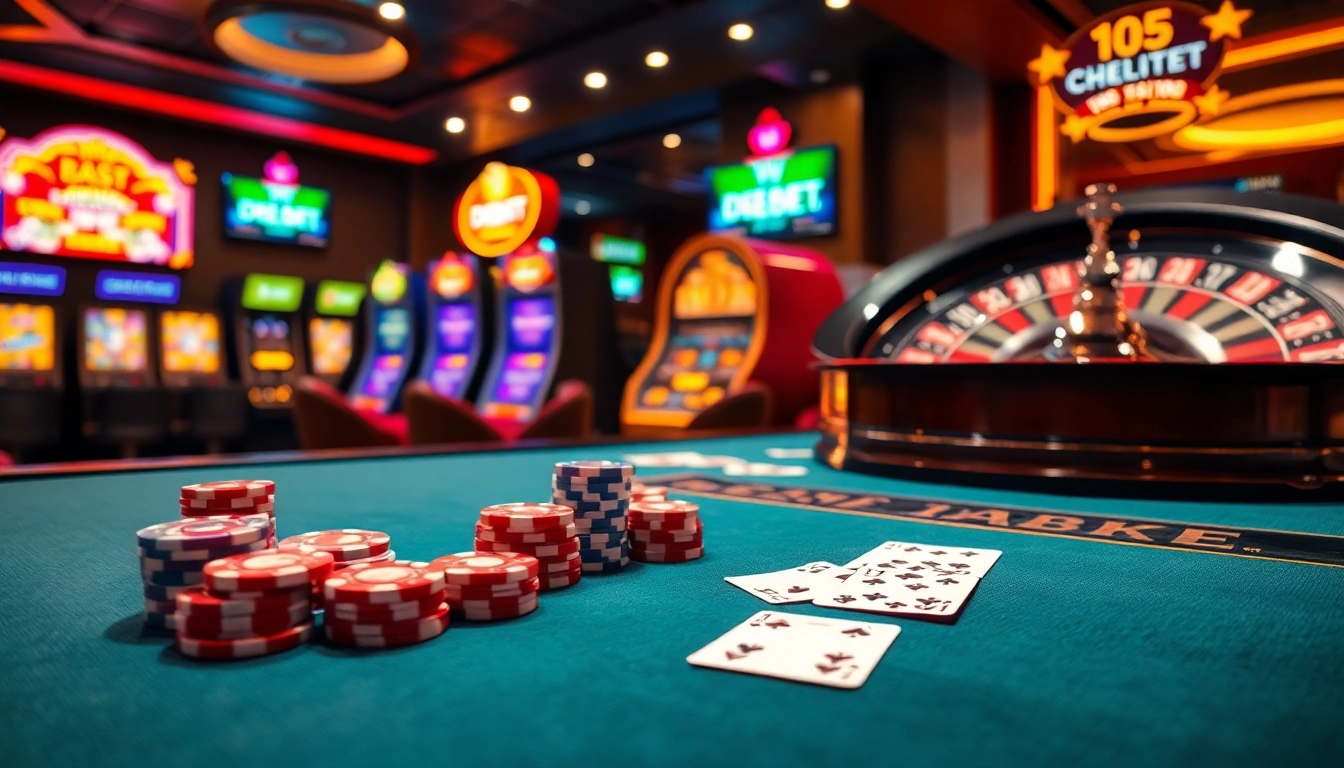 Exciting casino scene showcasing DEBET branding with poker chips and slot machines for an immersive gambling experience.
