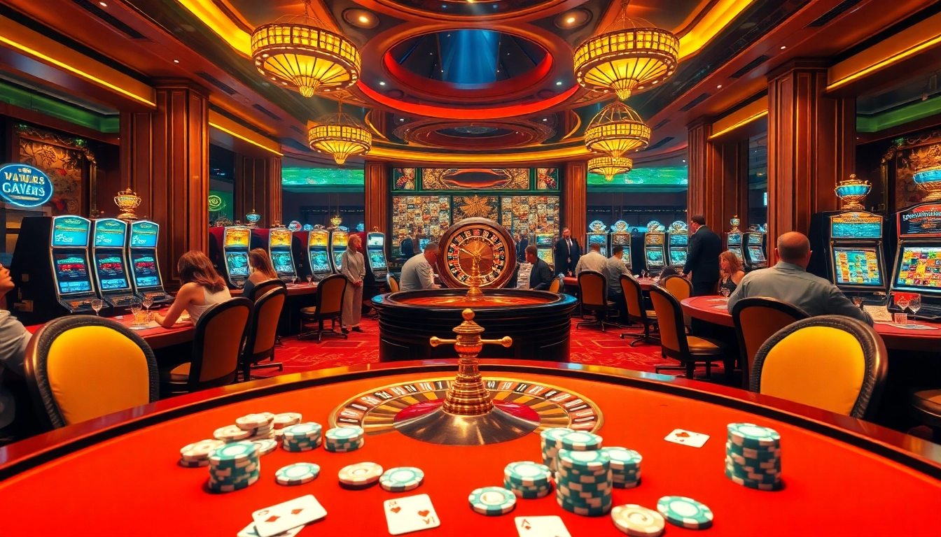 Kuwin players enjoying a thrilling casino atmosphere with roulette wheel and slot machines.
