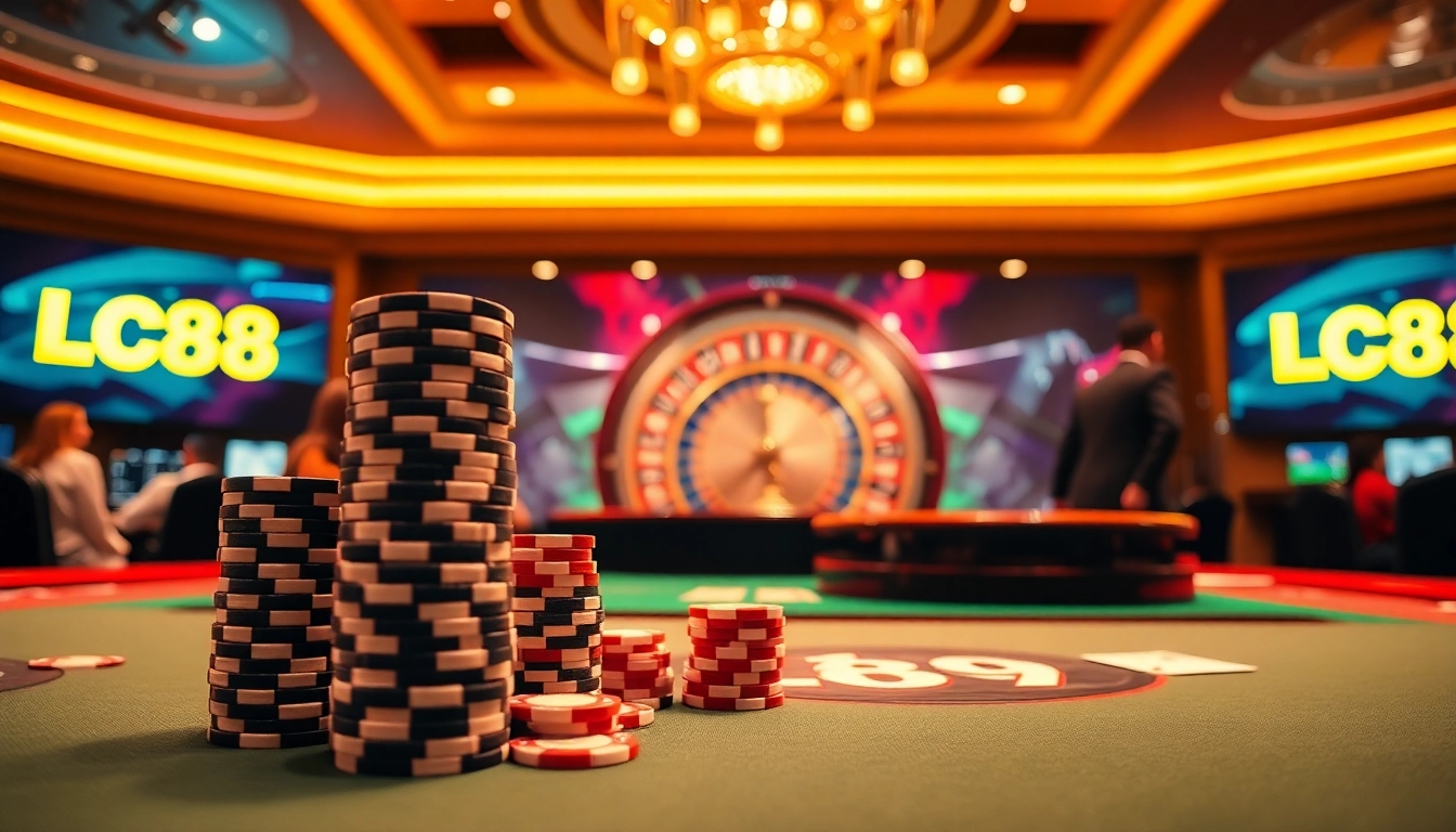 Players enjoying exciting games at LC88 online casino with vibrant elements.