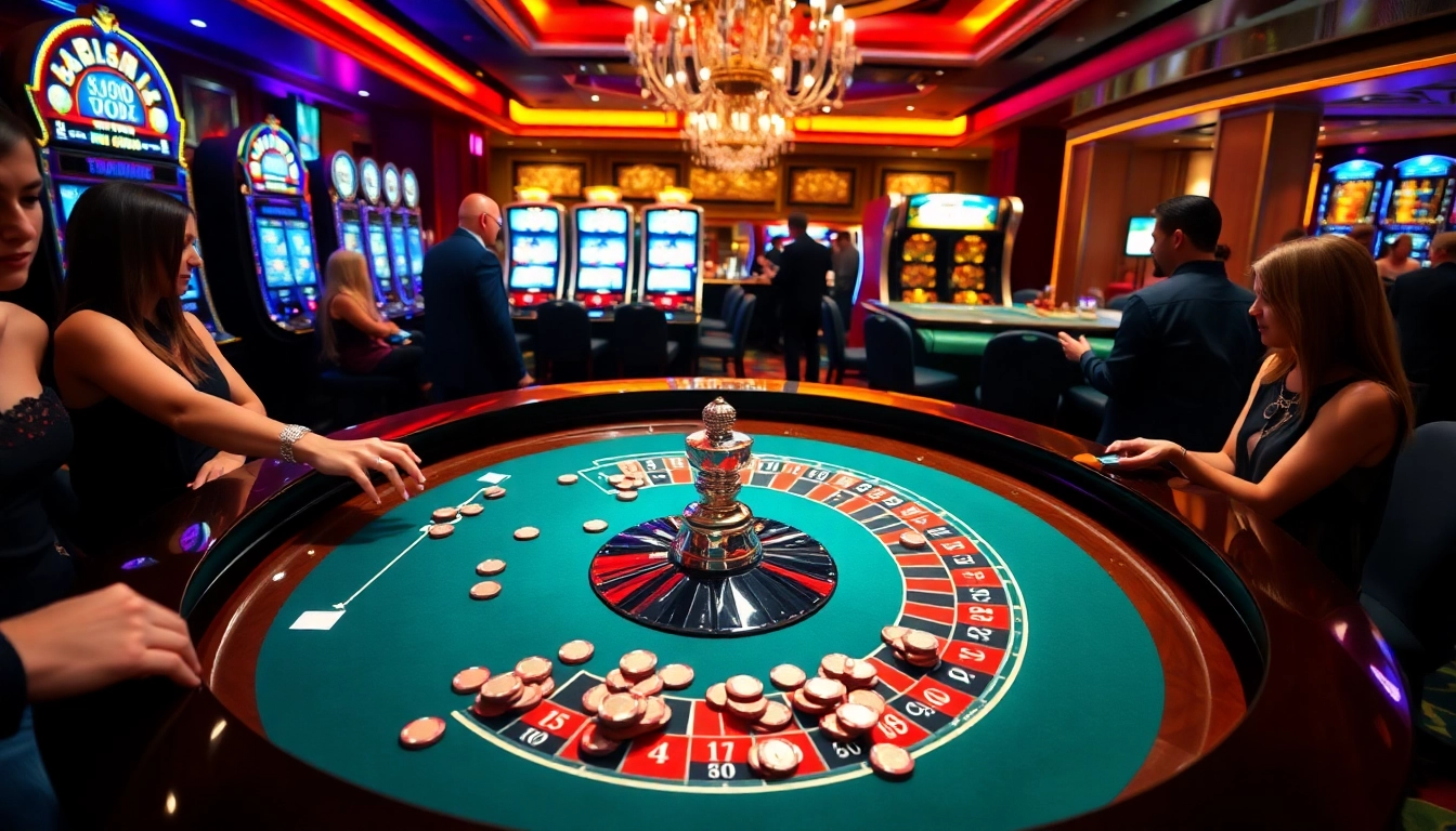 Experience the thrill of gaming at vip66 with an exciting casino scene featuring roulette and vibrant slot machines.