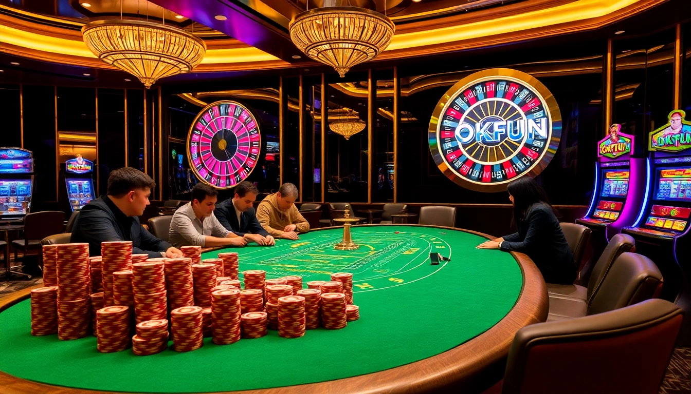 Winning at the OKFUN casino table with poker chips and roulette wheel excitement