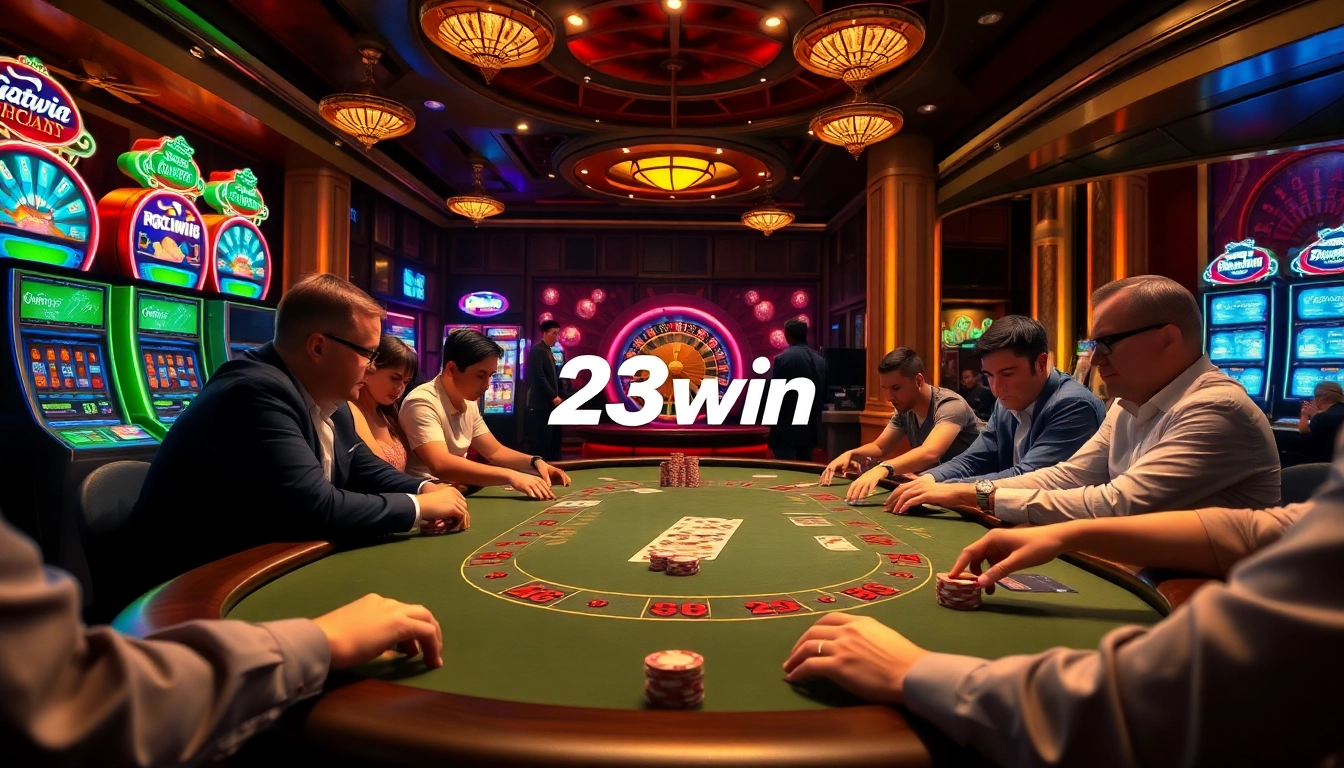 23win players engaged in an exciting high-stakes poker game at a luxurious casino table.