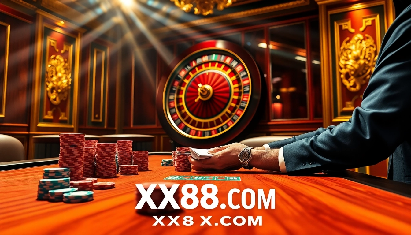 Engaging poker scene showcasing gambling excitement at XX88.COM with professional atmosphere and poker chips.