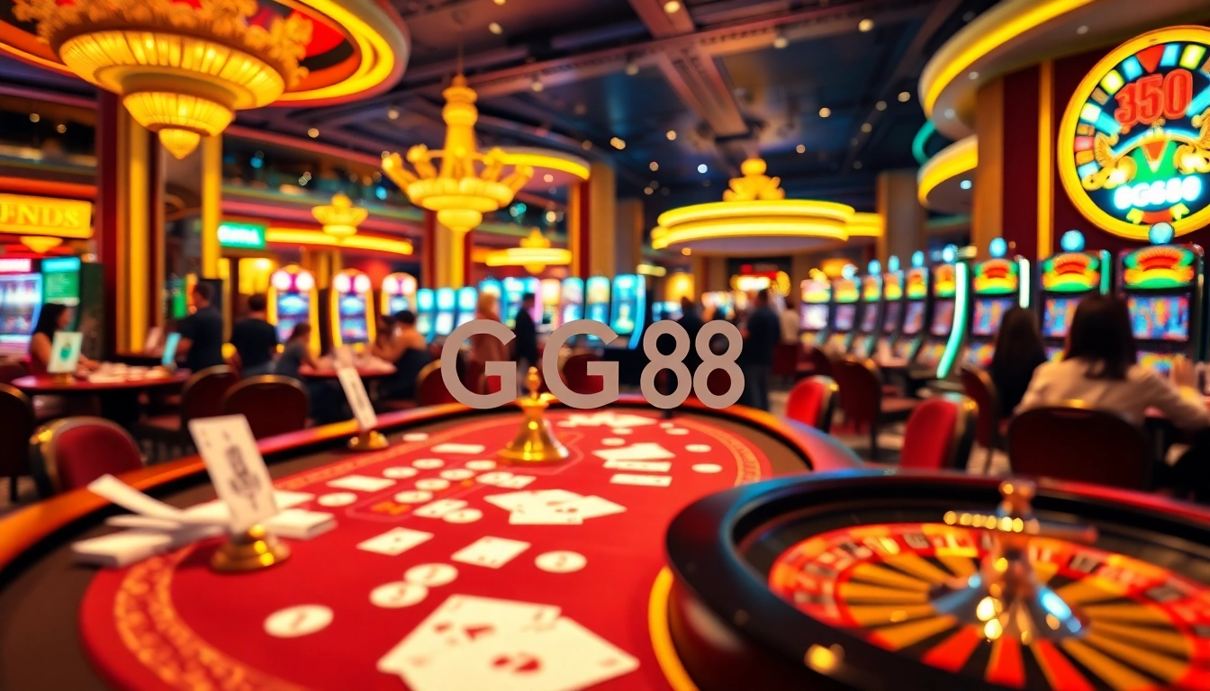 The GG88 casino experience showcasing vibrant games, luxury elements, and engaged players.