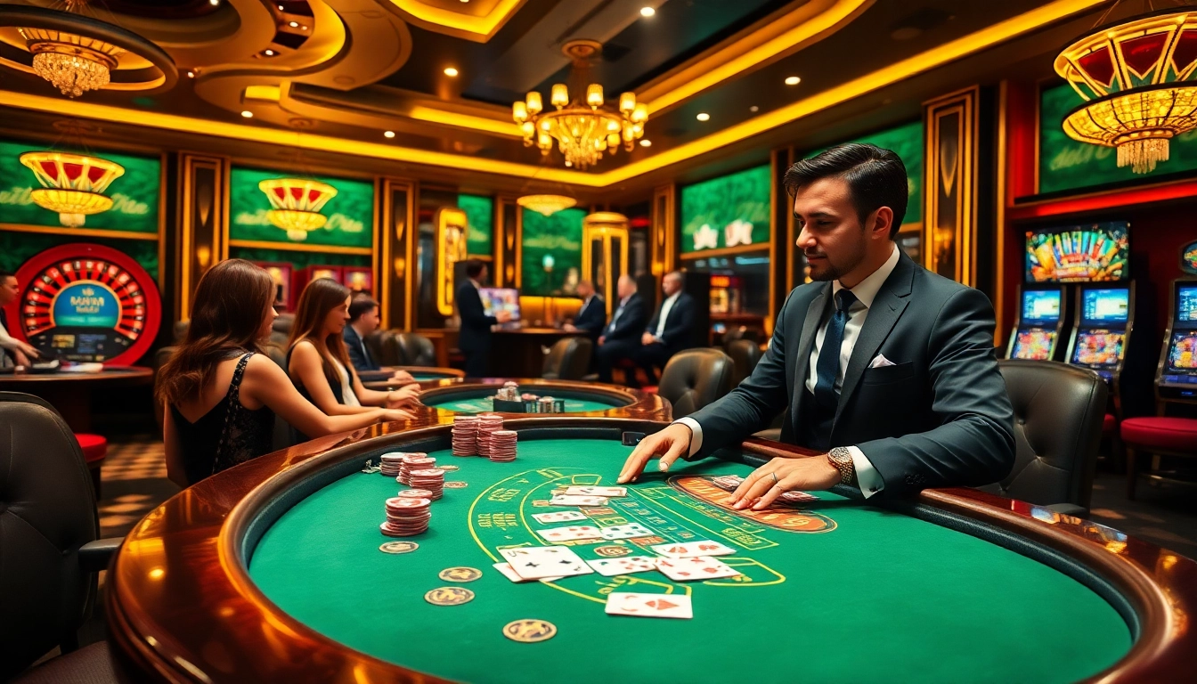 Experience gg88 live excitement at a luxurious online casino with dealers, cards, and vibrant gameplay.