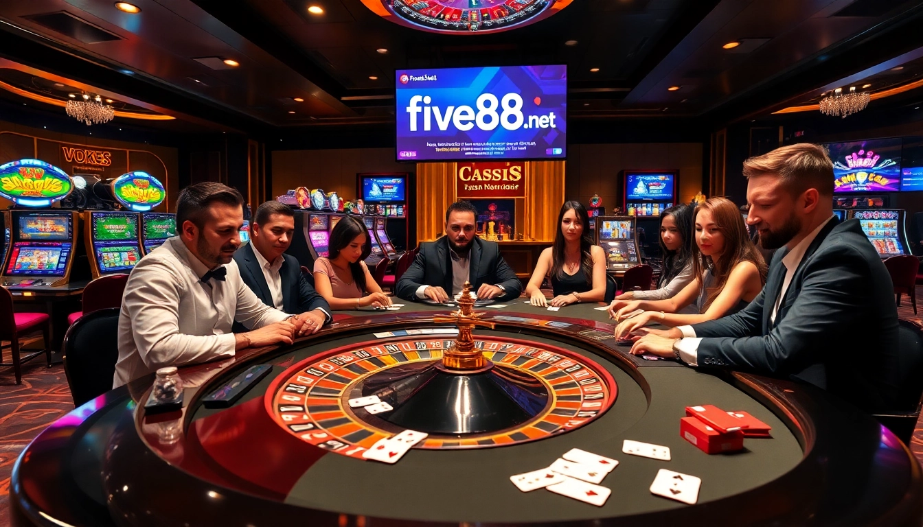 Players enjoying poker and roulette at five88.net, immersed in an exciting casino atmosphere.